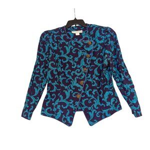 Vintage Jessica Howard Purple & Teal Rayon Blazer W/ Gold Buttons Size 16 Made I